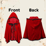 Colorful House Velvet Red Riding Hooded Cape Halloween Christmas Cloak(Black Lace Bright Red,25.59'')