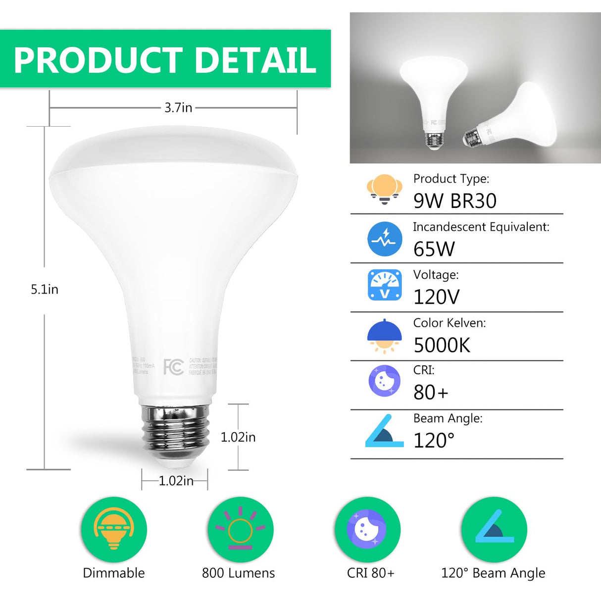 DAYBETTER BR30 LED Light Bulbs Indoor Flood Light, 5000K Daylight White LED Bulb 65W Equivalent, Dimmable, E26 Base, 800LM, Recessed Can Bulb for Living Room Bedroom Dining Room Bathroom, 12Pack
