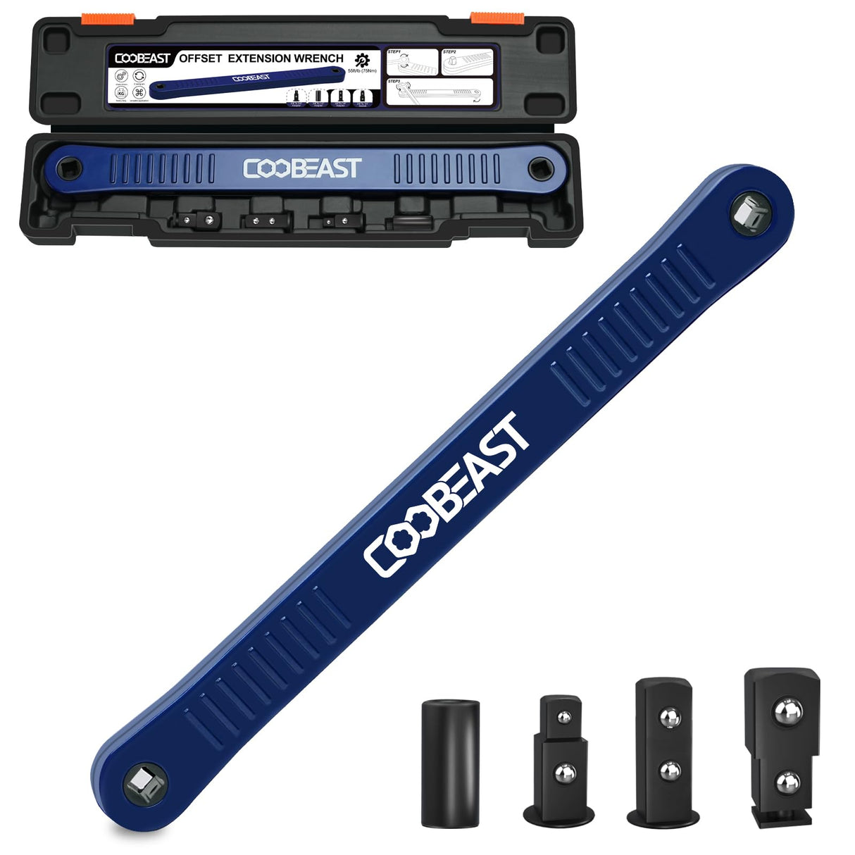 coobeast Offset Extension Wrench Impact Ready Socket Wrench Extender Tool with Versatile 1/4", 3/8", and 1/2" Square Drive Adapters, Universal Extensions Wrench for Small Place