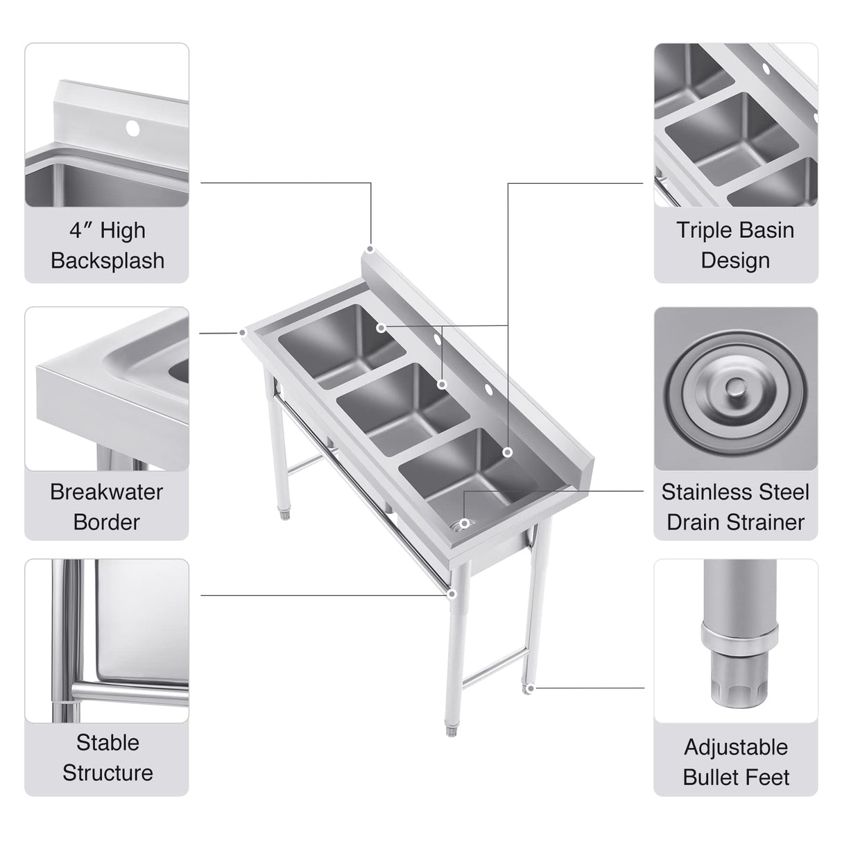 WILPREP NSF Stainless Steel 3 Compartment Commercial Sink 11x10x10 Inch Basins, Kitche Station Utility Sink for Restaurant Bar Home Laundry Room Garage