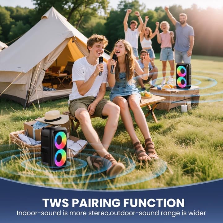 Bluetooth Speaker with 2 Wireless Microphones - Big Party Speaker for Adults Kids Karaoke with Lights - Portable Rechargeable Support TWS/AUX/USB/TF Card for Home Party Gift Floorstanding Speaker