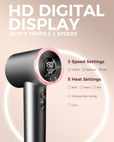 Hair Dryer with Diffuser, Professional High-Speed Blow Dryer, Negative Ionic Hair Dryers for Women, 110,000 RPM Fast Drying, 5 Temps & 3 Speeds, with HD Digital Screen & Carrying Case, Gray