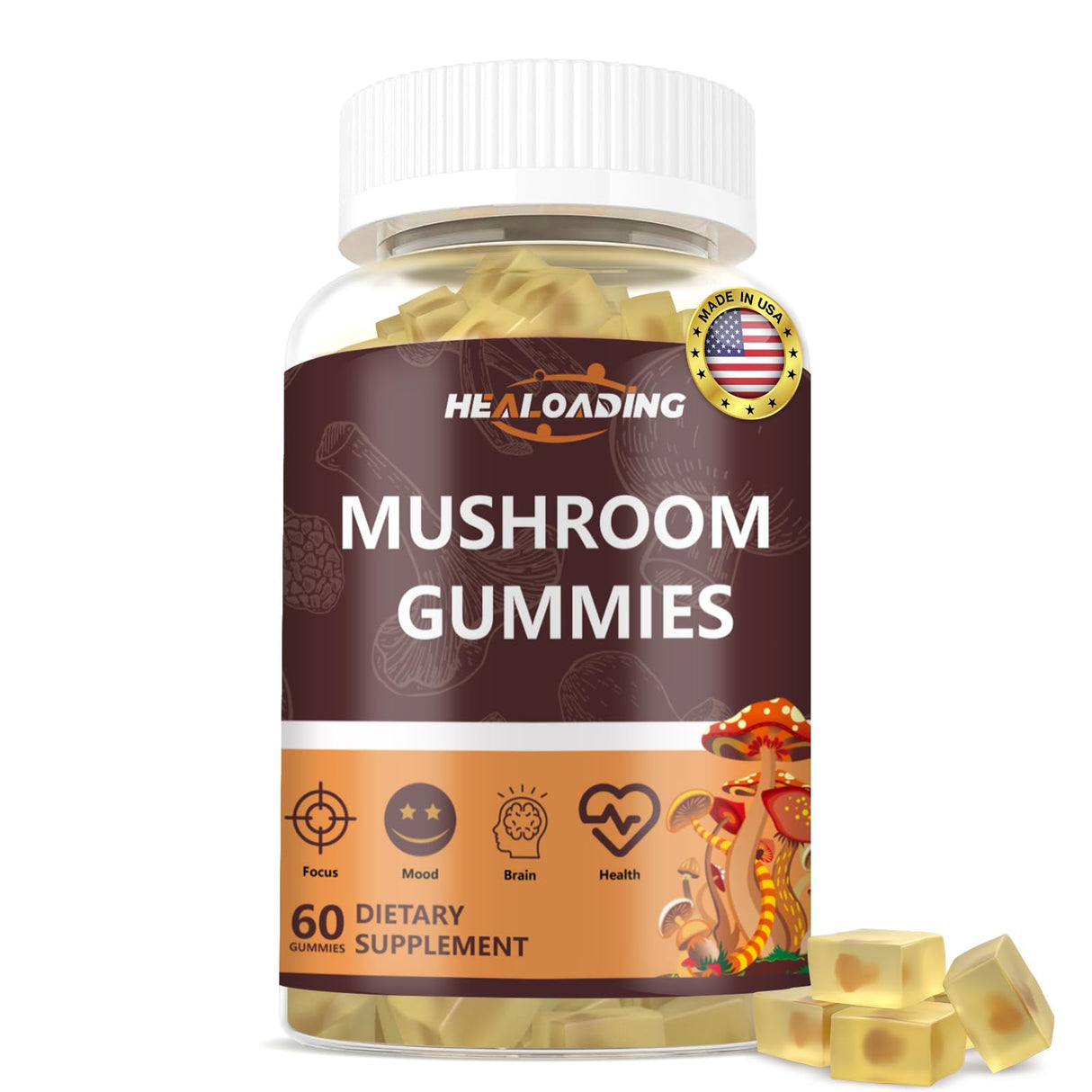 HEALOADING Mushroom Gummies with Lions Mane & Cordyceps | Brain Health, Immune Support & Memory Enhancement | Vegan Supplement with Vitamin D3, B6, B9, B12 | 60 Chewable Gummies