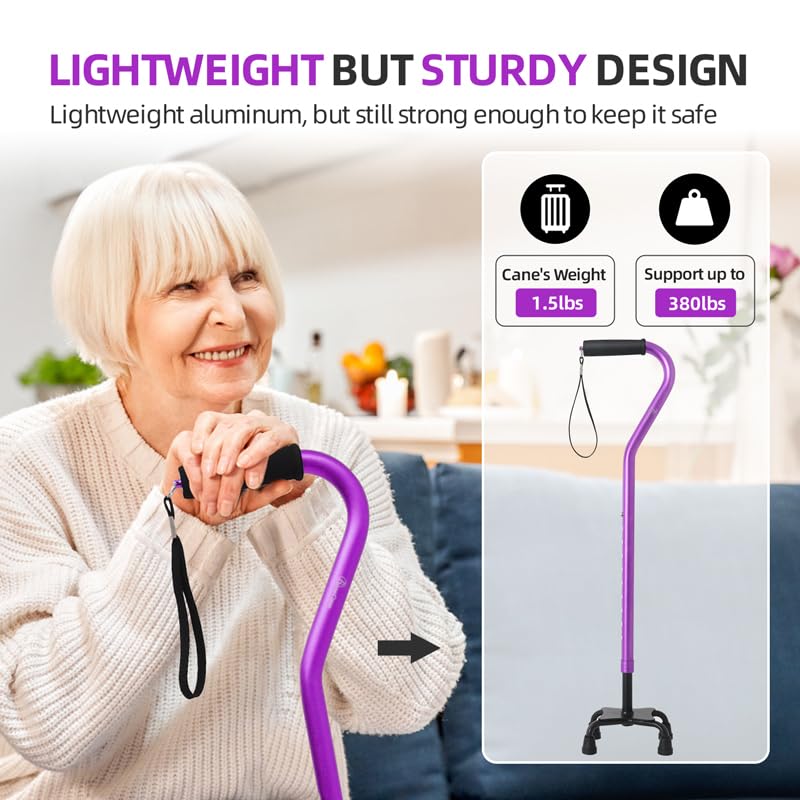 BeneCane Quad Cane Adjustable Walking Cane with Offset Soft Cushioned Handle for Men & Women Lightweight Comfortable with 4-Pronged feet for Extra Stability(Purple)