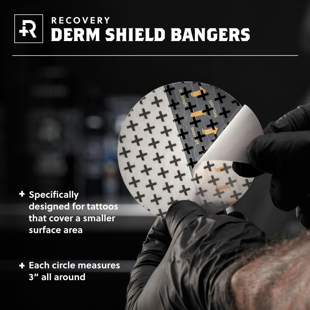 Recovery Derm Shield Bangers Tattoo Aftercare Bandage, Waterproof, Latex-Free Adhesive, Breathable, Care Products, Clear, Circular 3” Diameter, Tub of 100