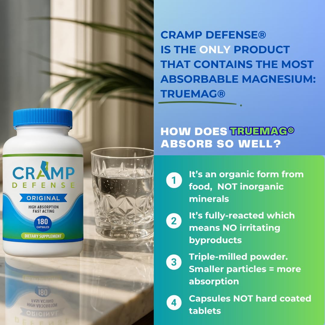 Cramp Defense® Leg Cramps Pills, Relief for All Muscle Cramps, Day and Night. Magnesium Supplement Capsules, 3-6 Month Supply. Non-Laxative, Organic Formula for Max Absorption and Results. Made in US.