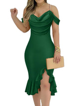 CHICME Women's Cold Shoulder Green Bodycon Midi Dresses Ruffle Hem Cocktail Christmas Party Green Dress-M