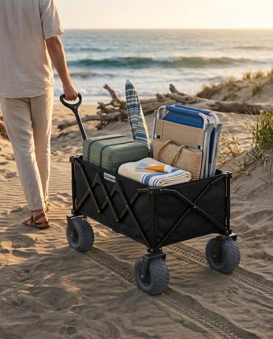 Beach Wagon with Heavy-Duty 10" Air Tires - All Terrain Folding Cart with Big Wheels for Sand and Gravel - 300 LB. Capacity (Black)