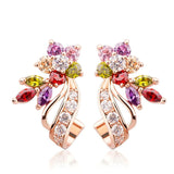 BISAER Rose Gold Multicolor CZ Flower Stud Earrings for Women Lady Trendy