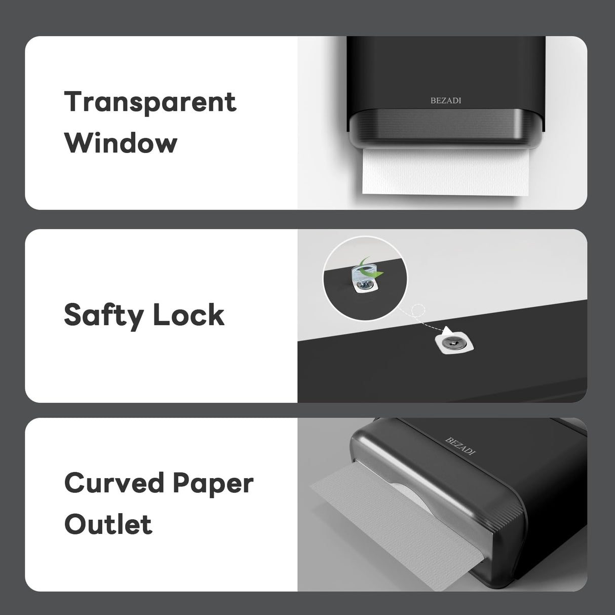 BEZADI Paper Towel Dispenser,Large Capacity Wall Mount Tissue Dispensers with Smart Lock, Used for Kitchen and Bathroom 200+ Sheets Toilet Paper Holders Black