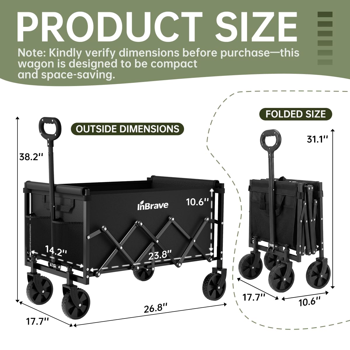 InBrave Collapsible Wagon Cart with All-Terrain Wheels, 380LBS Capacity