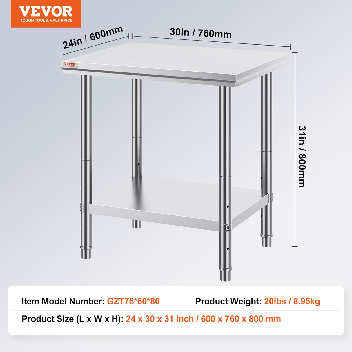 Mophorn Commercial Worktable & Workstation 24 x 30 x 32 Inch Stainless Steel Work Table Heavy Duty Commercial Food Prep Work Table for Home, Kitchen, Restaurant Metal Prep Table with Adjustable Feet