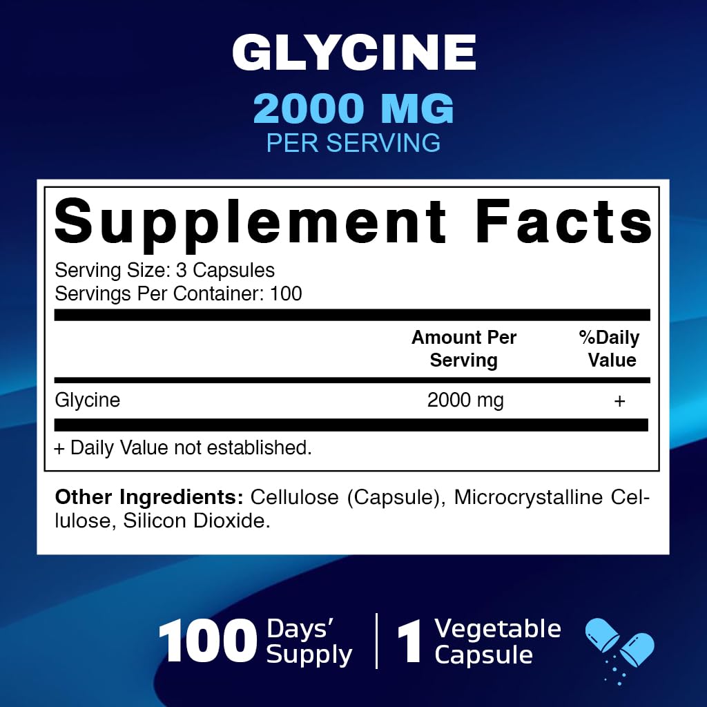 Vitamatic Glycine Supplement, 2000mg Per Serving, 300 Count, Non-GMO, Gluten Free