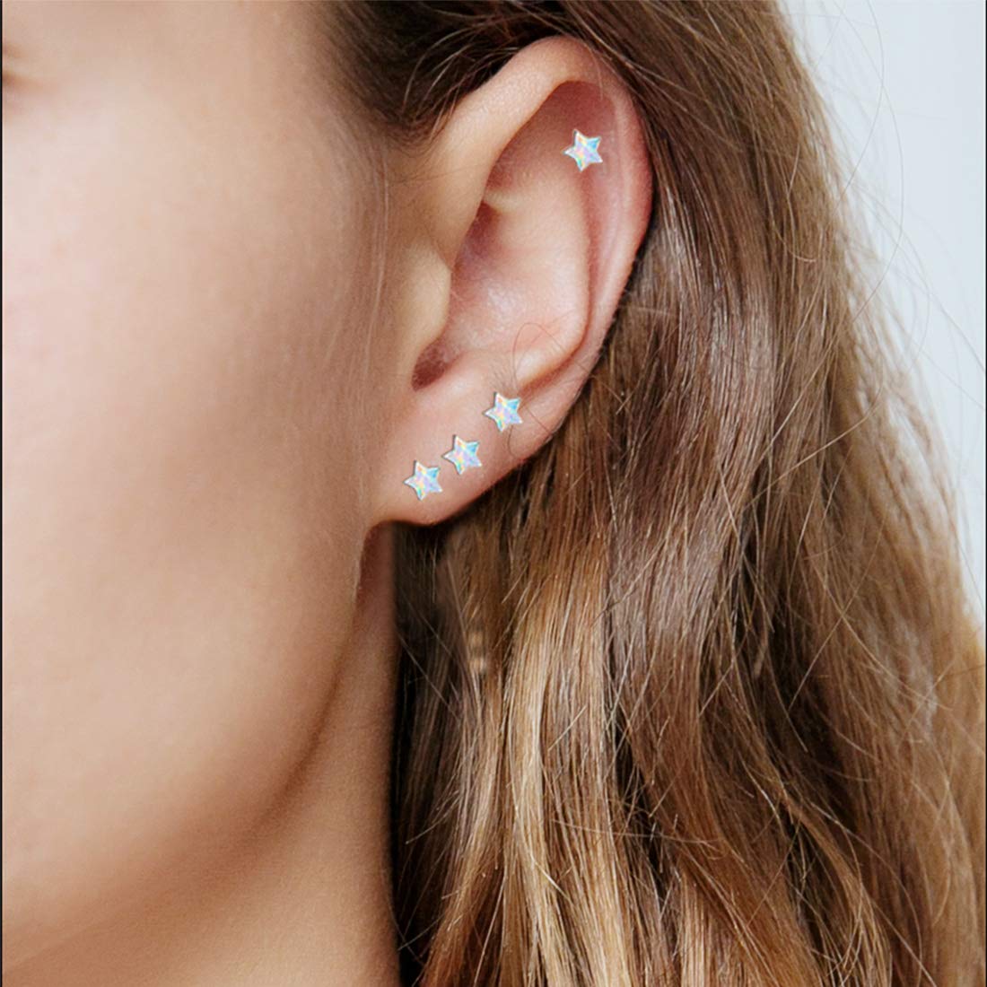 Hypoallergenic Star Girls Earrings, S925 Sterling Silver Post Fire Opal Stud Earrings For Women ARSKRO Tiny Little Small Cute Earring Jewelry Gifts for Kids Sensitive Ears
