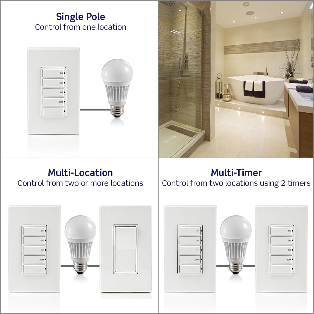 Leviton Countdown Switch for lights, attic, heaters, pool pumps, 30 min, 1-2-4 hour, Neutral Wire Required, 20A, 1 HP/16A Fan/Motor, Single Pole, Multi-Way or Multi-Timer, DT204-1LW, White