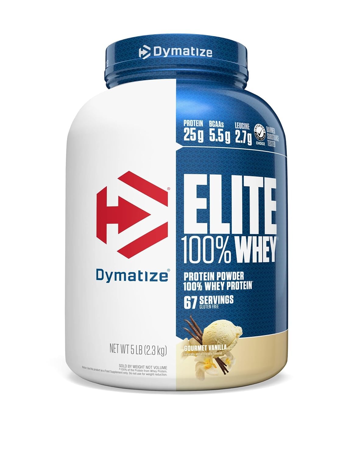 Dymatize Elite 100% Whey Protein Powder, Vanilla, 25g of Protein, 5.5g BCAAs, Less Than 140 Cal., Gluten Free, 2g Carb, 2g Sugar, 3g Fat (67 Servings)