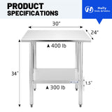 Hally Stainless Steel Table for Prep & Work 24 x 30 Inches, NSF Commercial Heavy Duty Table with Undershelf and Galvanized Legs for Restaurant, Home and Hotel