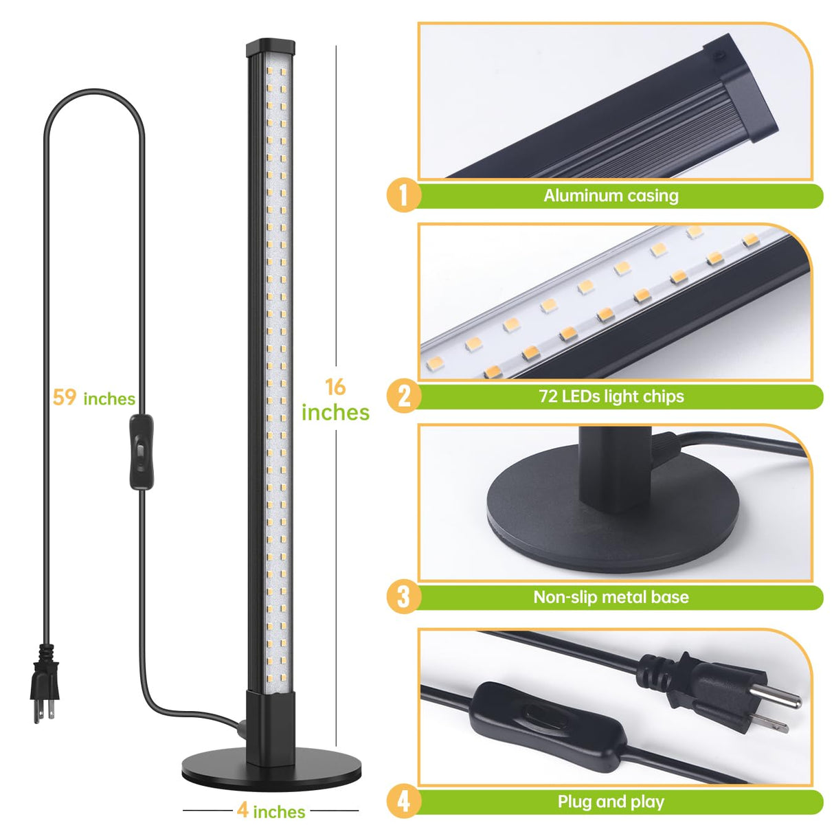 SpeePlant Vertical Grow Light, 72 LEDs Full Spectrum Light Bar, 5000K Wide Illumination Area Desk Light,1.4FT Stand Plant Lamp for Tall Houseplants, Tropical Plants, Foliage with On/Off Switch