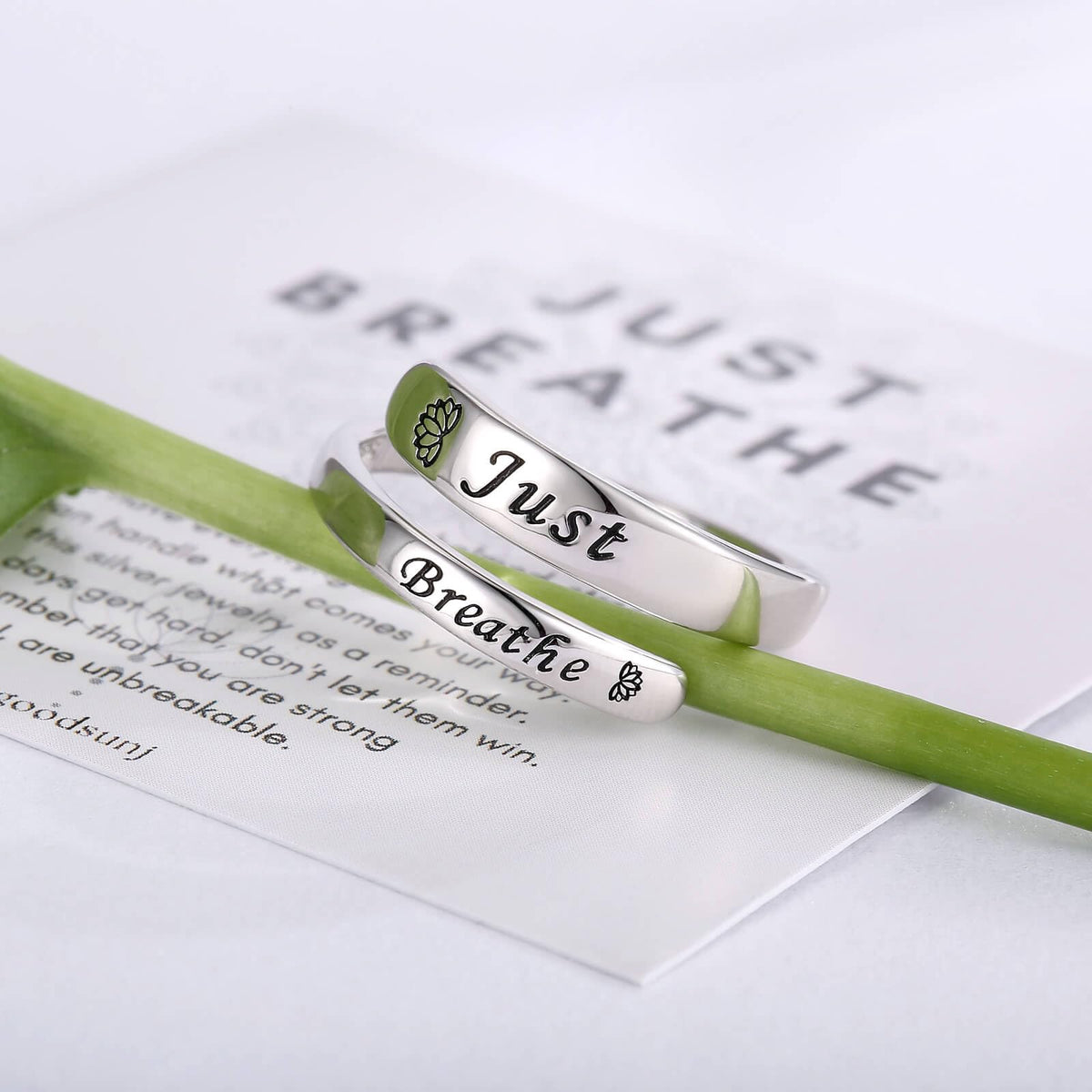 oGoodsunj Sterling Silver Just Breathe Ring for Women: Inspirational Encouragement Rings Adjustable I Am Fearless Motivational Jewelry Gift (Just Breathe)