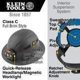 Klein Tools 60347 Hard Hat, Vented Full Brim, Class C, Premium KARBN Pattern, Rechargeable Lamp, Padded Sweat-Wicking Sweatband, Top Pad