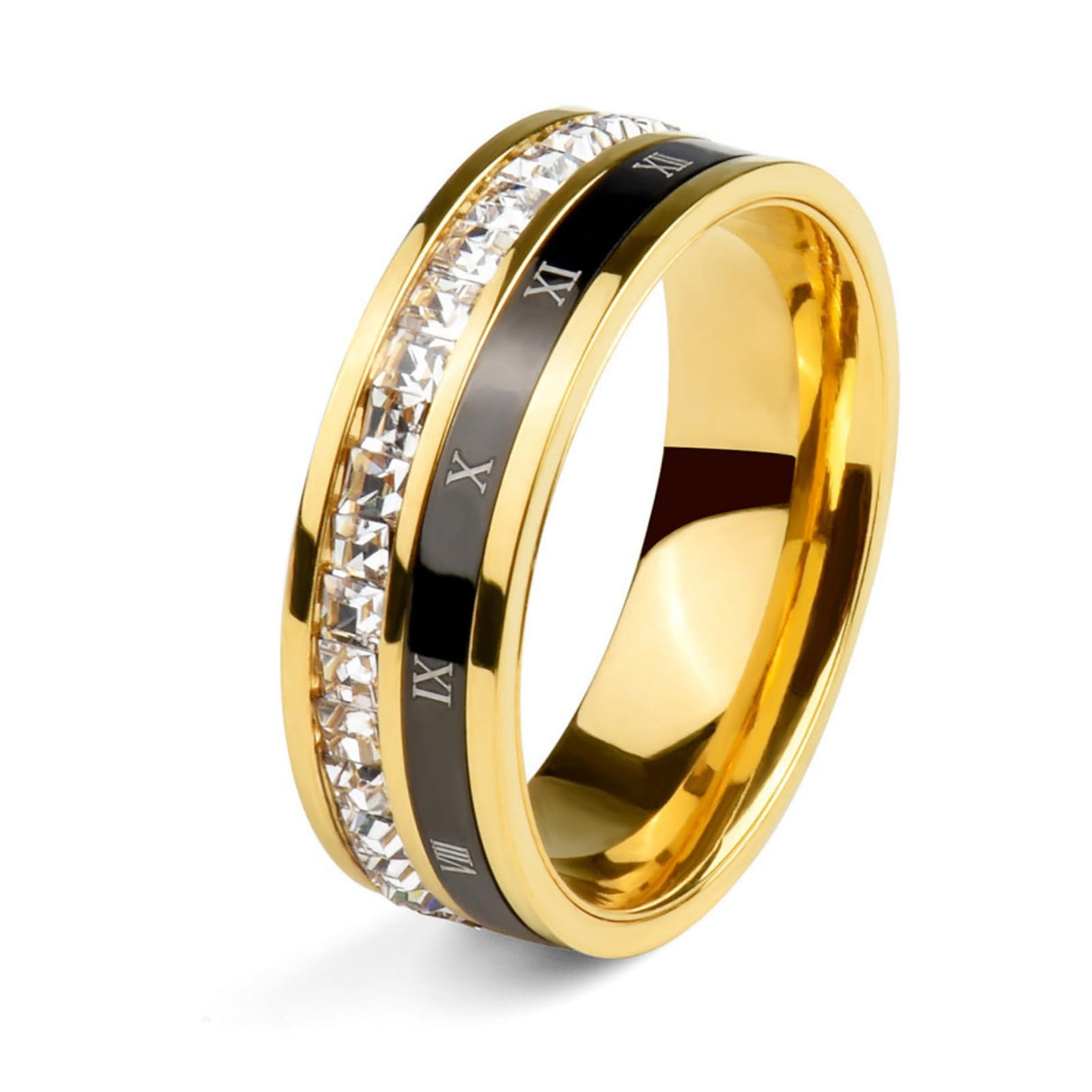 Ropartman 18K Gold Plated Roman Numeral Cubic Zirconia Ring for Men, Square CZ Gold Rings for Men, Spinner Silver Mens Rings Stainless Steel Size 5-13 (Gold Zirconia Ring, 8)
