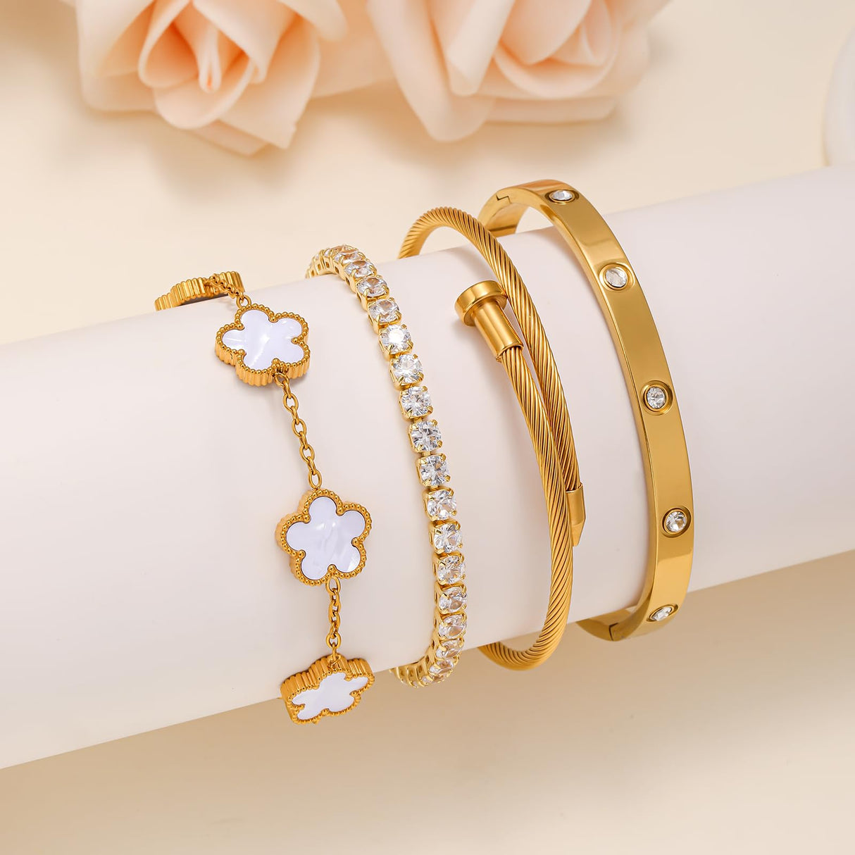 Gold Bracelets for Women, 18K Gold Plated Women Tennis Bracelets Clover Nail Love Bangle Bracelet Set, Gold Bracelet Stackable Set Trendy Jewelry, Gifts for Women's Day and Mother's Day (04-Color-white)