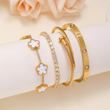 Gold Bracelets for Women, 18K Gold Plated Women Tennis Bracelets Clover Nail Love Bangle Bracelet Set, Gold Bracelet Stackable Set Trendy Jewelry, Gifts for Women's Day and Mother's Day (04-Color-white)