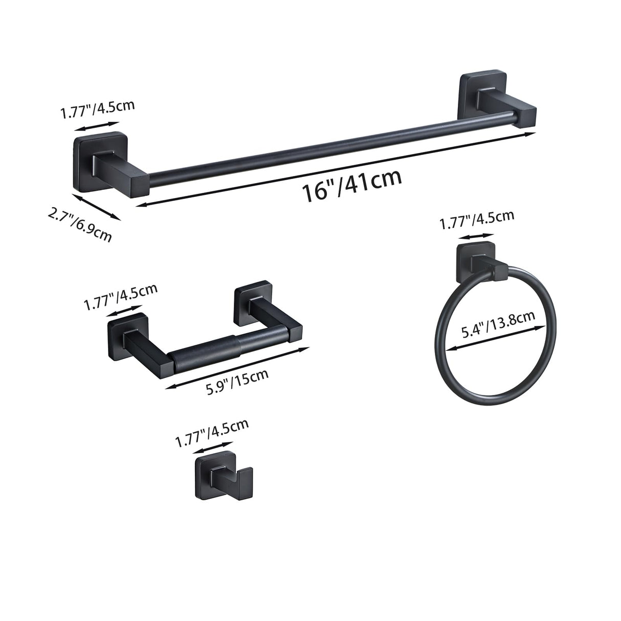 Matte Black Bathroom Hardware Set 4 Pieces,Towel Bar Set Stainless Steel Wall Mounted, Includes 16In Hand Towel Bar, Towel Ring, Robe Towel Hooks,Toilet Paper Holder, Bathroom Towel Rack Set