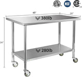 STABLEINK Stainless Steel Table with Wheels 24 x 60 Inches 5ft, NSF Commercial Prep & Workbench with Adjustable Undershelf and Casters, for Commercial Kitchen, Restaurant, Hotel,Laundry and Garage