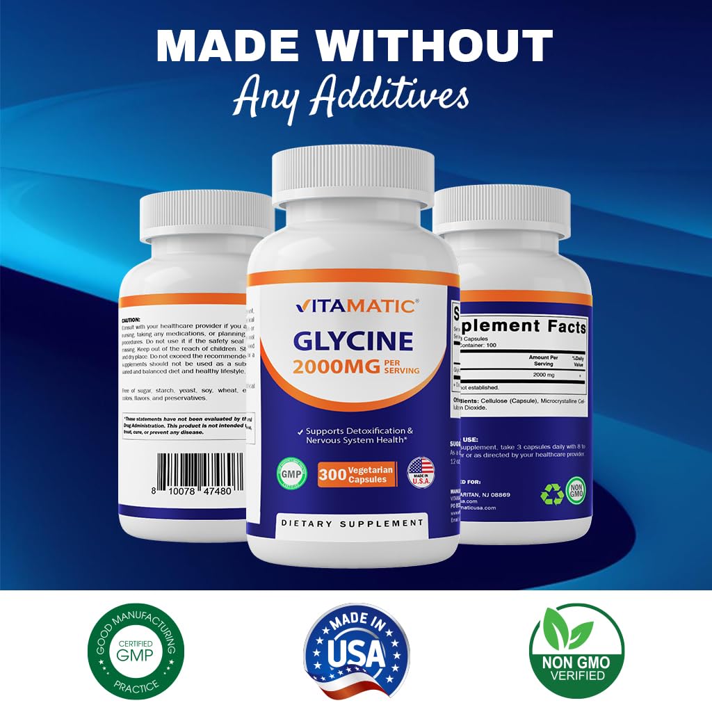Vitamatic Glycine Supplement, 2000mg Per Serving, 300 Count, Non-GMO, Gluten Free