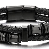 Men's Black Braided Leather Bracelet with Stainless Steel Accents Double-Layer Design Durable Biker Punk Style Wristband Modern Minimalist Fashion Jewelry for Men