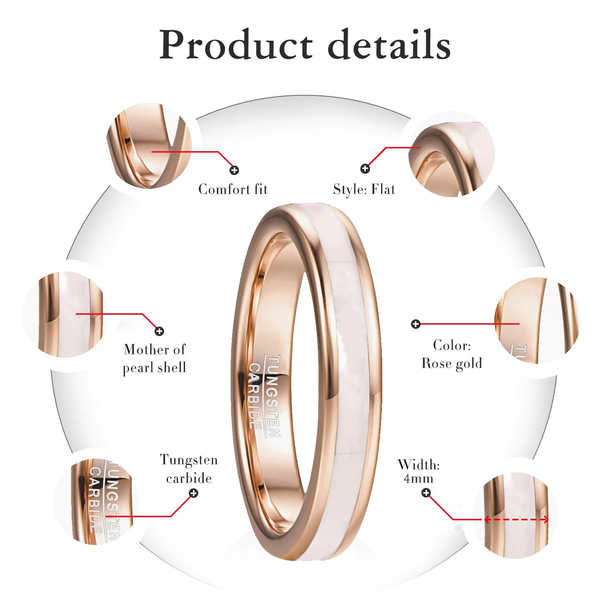 Vakki Women's Tungsten Wedding Band, Pearl Inlay, 4mm-Rose Gold, Size 5