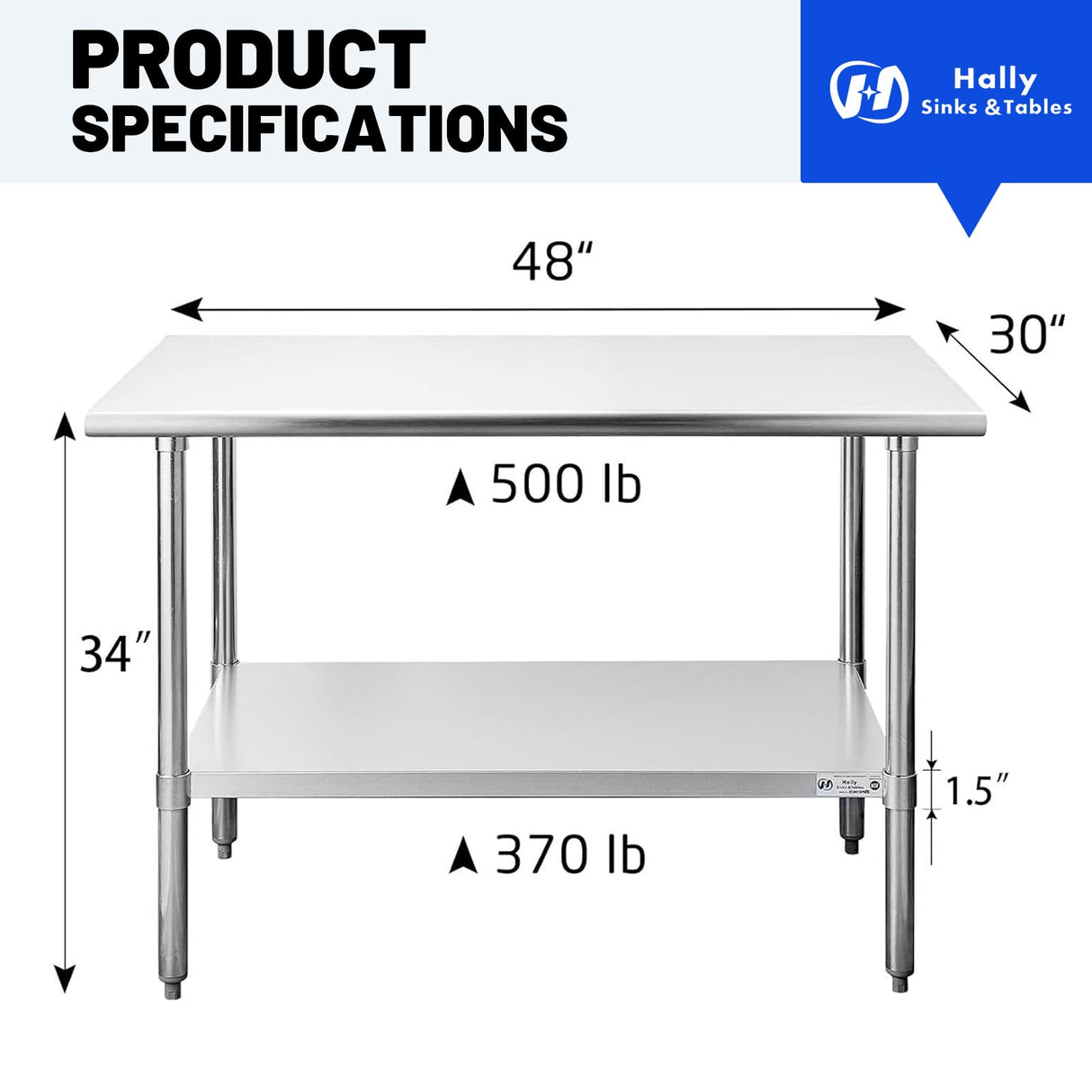 Hally Stainless Steel Table for Prep & Work 30 x 48 Inches, NSF Commercial Heavy Duty Table with Undershelf and Galvanized Legs for Restaurant, Home and Hotel