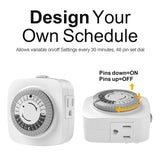 24 Hour Indoor Mechanical Timer with 2 Ground 3 Plug Socket Timer，30 min Daily on/Off Cycle for Lamps, Christmas Tree Lights, ETL Certified, White，4 Pack