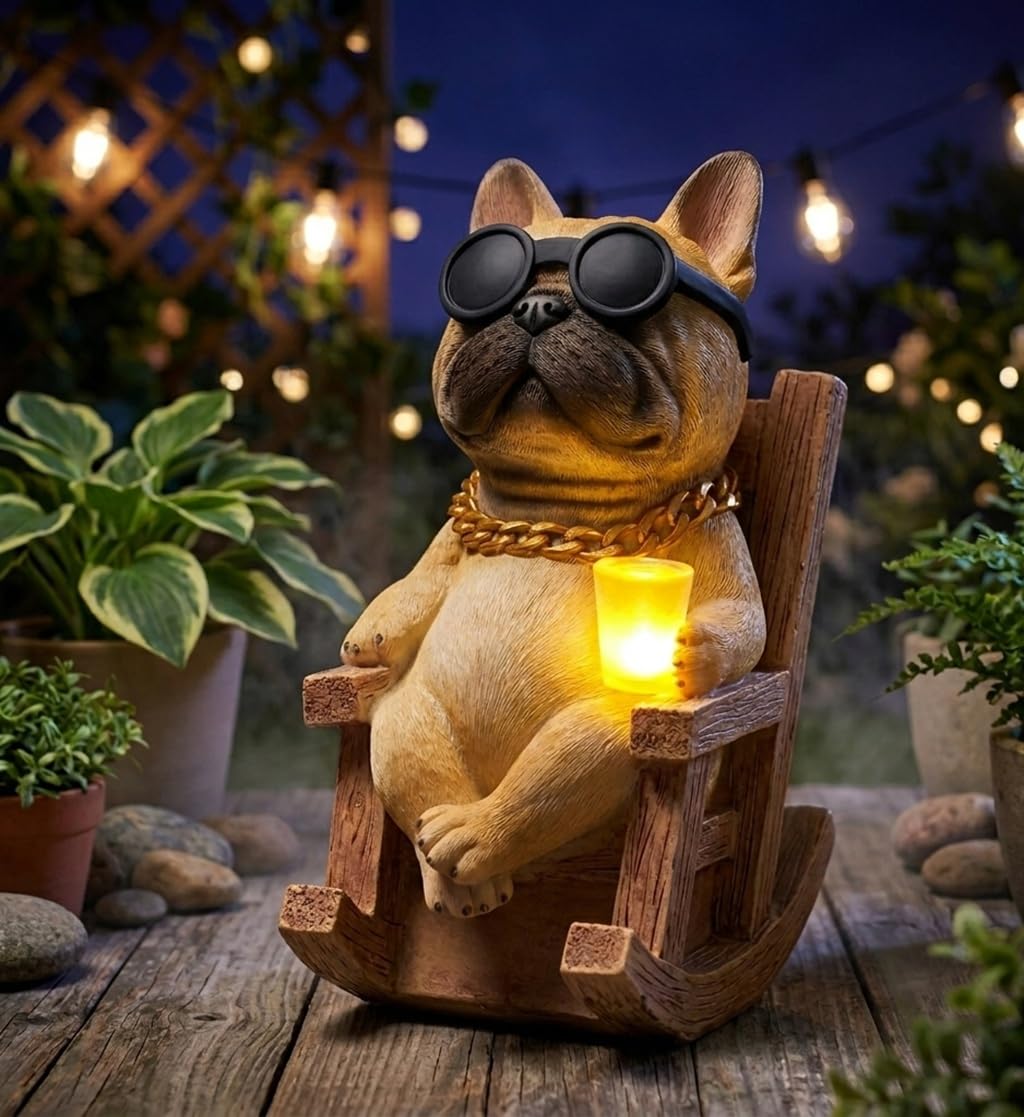 Scoomor Solar French Bulldog Garden Statue, Funny Frenchie Dog Figurine for Outdoor Yard, Patio, & Lawn Décor, Unique Frenchie Gifts for Housewarming & Birthday,7 Inch Resin (Fawn)