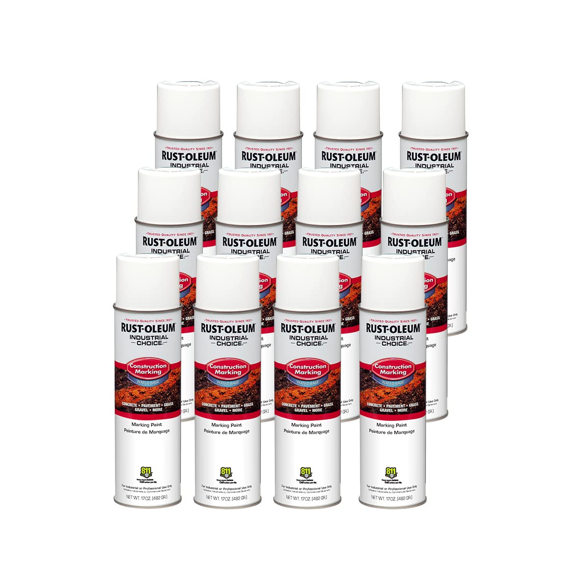 Rust-Oleum 264692-12PK Industrial Choice M1400 System Water-Based Construction Marking Spray Paint, 17 oz, Gloss White, 12 Pack