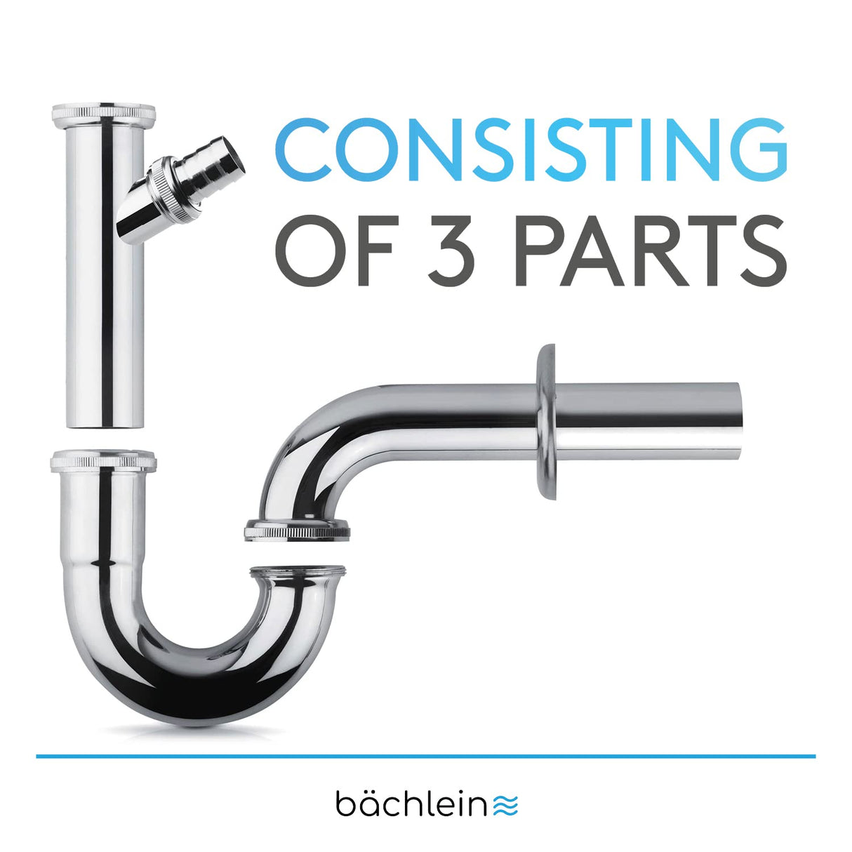 Bächlein Universal Siphon for Washbasin and Washstand (Extra Long 200mm + Appliance Connection) - Odour Trap incl. Rubber Sleeve - Tubular Siphon