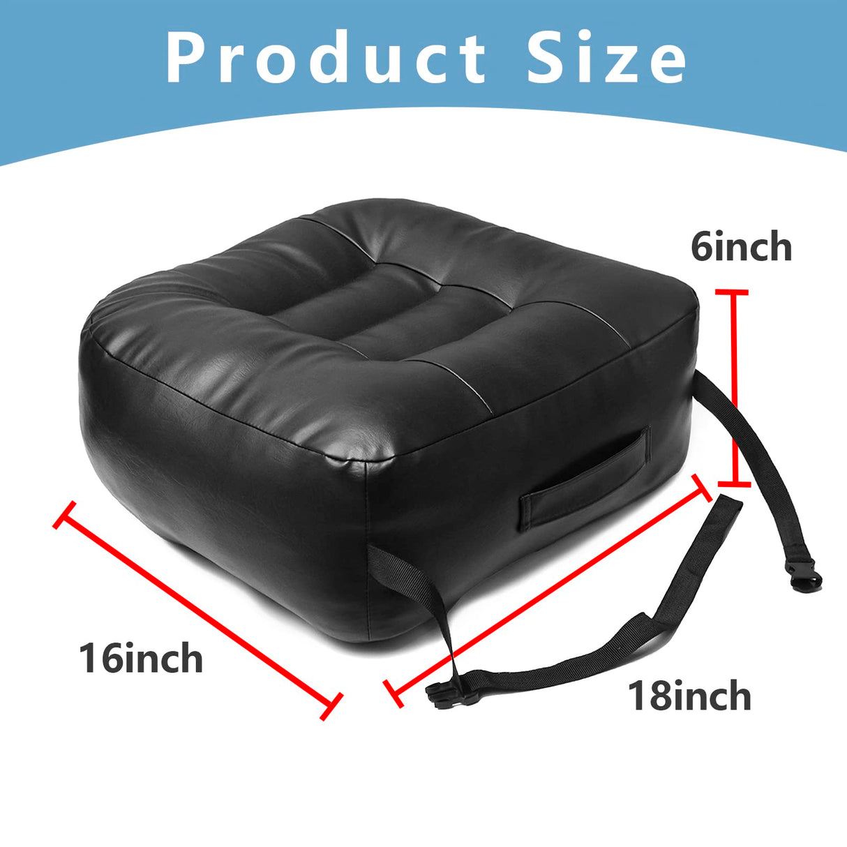 YOUFI Leather Seat Cushion Extra-Thick Booster for Office Chair to Rise Height - Full Filling for Support - with Breathable Cover, Handle and Buckle - Relieves Back Pain – 18"x16"x6" (Black)