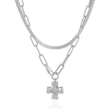 Bheop Chunky Cross Necklace for Women, Silver Layered Herringbone Necklace