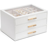 Vlando Jewelry Box for Women, Glass Lid Jewelry Organizer with 3 Drawers for Necklaces Rings Earrings Bracelets Christmas Gift - White