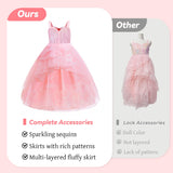 Axwcon Wicked Glinda Dress Costume for Girls, Pink Tulle and Sequin Witch Dress for Kids Christmas、Halloween Cosplay Costumes