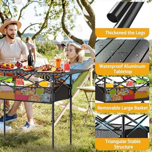 Height Adjustable Camping Table, Outdoor Folding Camping Table with Mesh Storage/Carrying Bag, Portable Aluminum Roll-up Table for Camping, Party, Backyard, BBQ