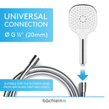 Bächlein Universal Shower Head - Shower Head with 3 Spray Types, Easy to Change with Practical Push Button - Square Shower Head Chrome - Hand Shower with Standard G 1/2" Connection Dimension