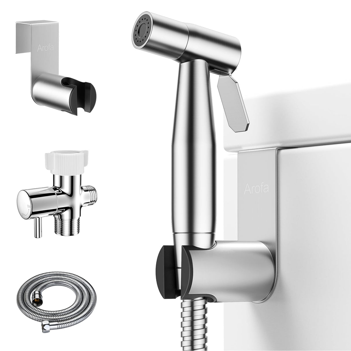 Arofa Handheld Toilet Bidet Sprayer for Toilet-Adjustable Water Pressure Control with Bidet Hose for Feminine Wash, Stainless Steel Brushed Nickel Bidet Faucet Cloth Diaper for Baby Wash