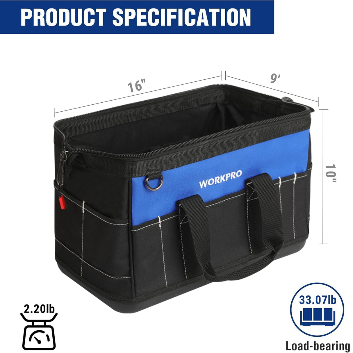 WORKPRO 16-inch Wide Mouth Tool Bag with Water Proof Molded Base