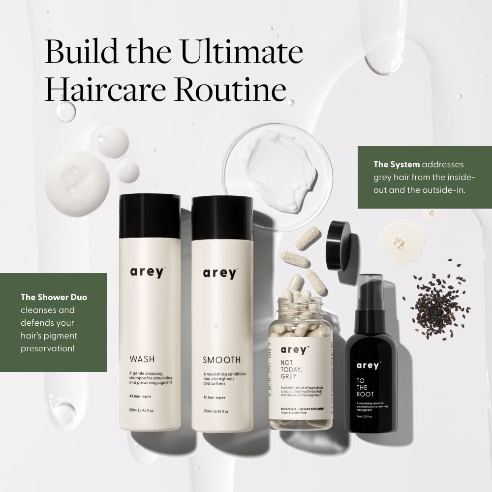 Arey The System Hair Serum and Supplements | Slows Grey Hair Growth, Promotes Healthier Hair & Repigments with Mela-9™ Complex, Antioxidants & Vitamins | Vegan, Oil-Free, Scent-Free (1 Month Supply)