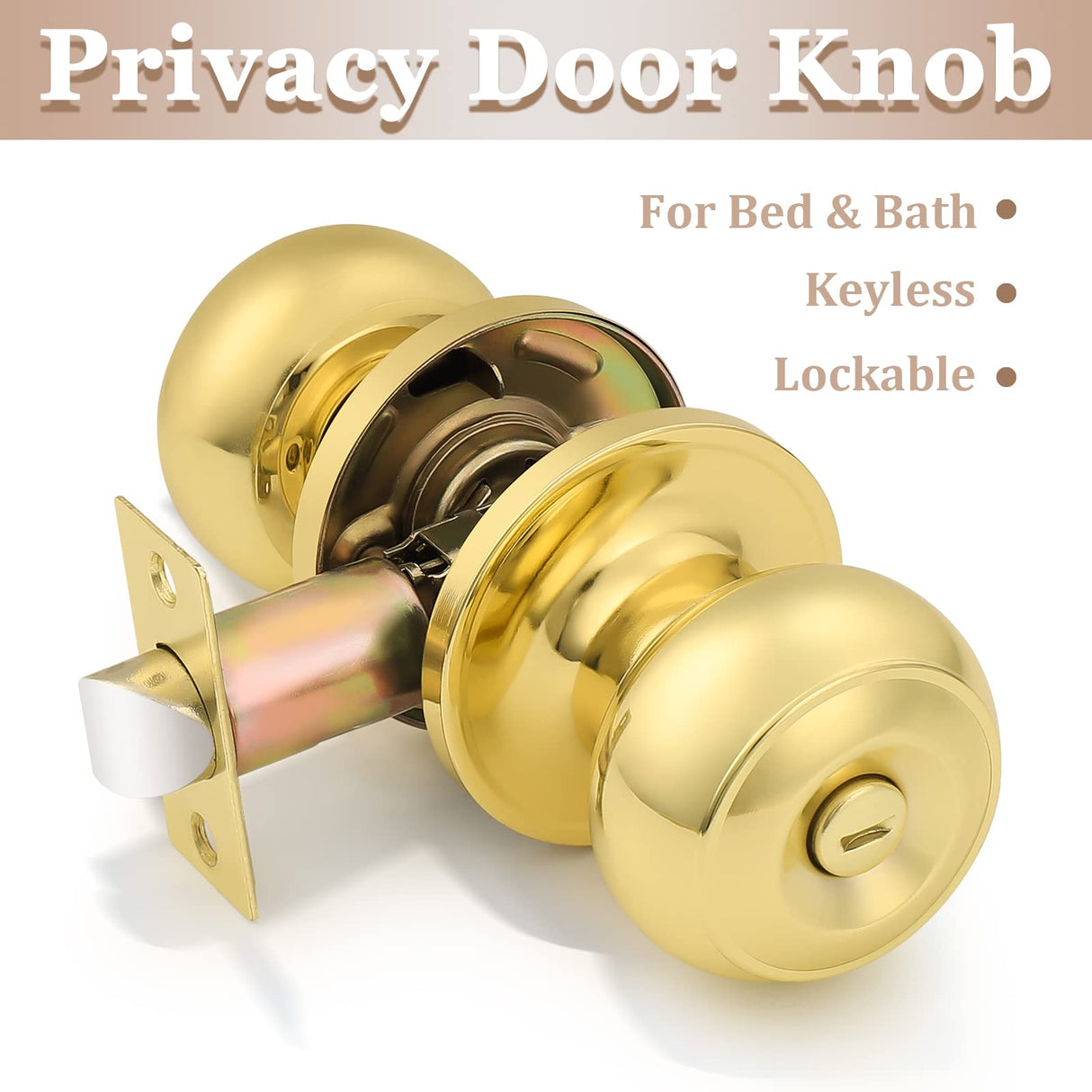 Probrico Privacy Door Knobs Lock Interior Bedroom Bathroom Door Handle Polished Brass Round Ball Keyless Lockset 5 Pack