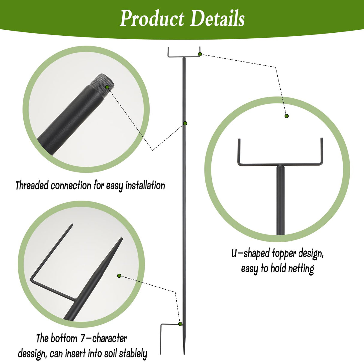 HFYZZ 4Pack 78.7 Inch Metal Garden Netting Support Stakes, Heavy Duty Rustproof Black Coated Steel Frame for Garden Fencing, Lawn Plant Support Pole for Blueberry Garden Bed Plant Crop Protection