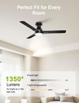 DAMINY 42 inch Ceiling Fans with Lights,3 Blades,3CCT, Low Profile Ceiling Fan with Light and Remote Control,Ceiling Fan for Bedroom, Kitchen,Indoor/Outdoor Use,Flush Mount-Black