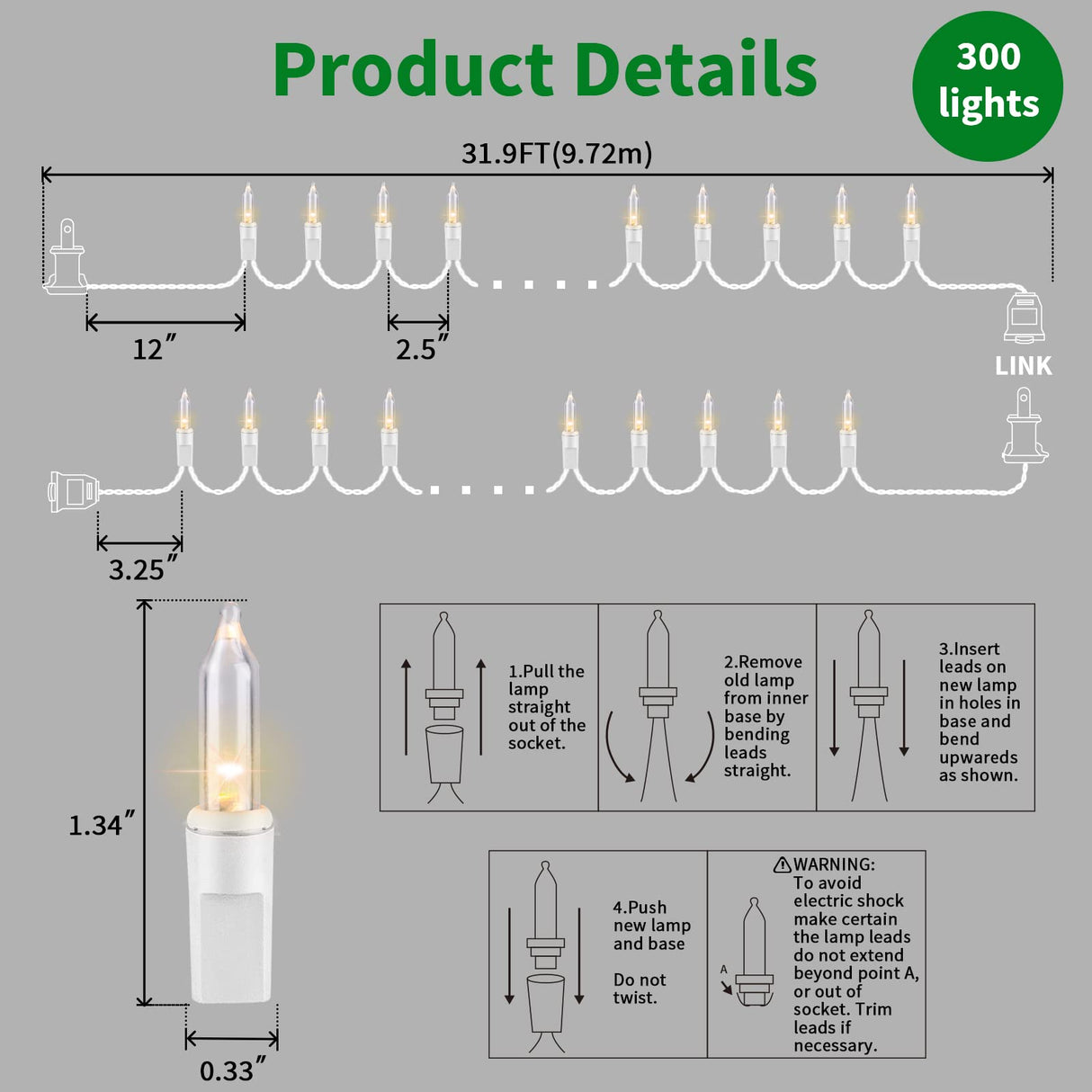 LAMPHOME Christmas Lights 2PACK 150count Mini Clear Lights White Wire Christmas Tree String Lights Set for Outdoor Indoor Christmas Decorations Wedding Valentines Day Decor,UL Certified （31.9ft X2）